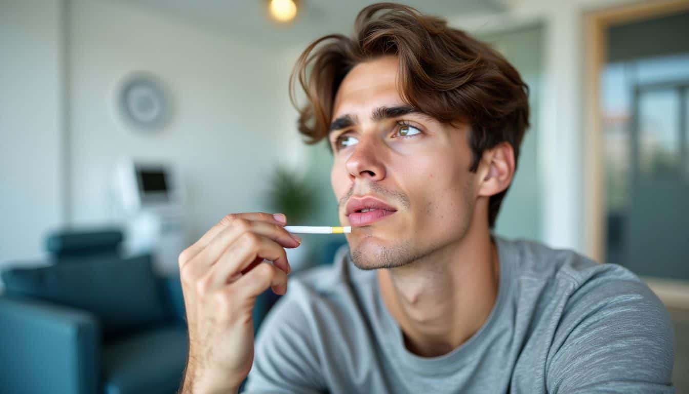 A person confidently swabs their cheek for a saliva drug test.