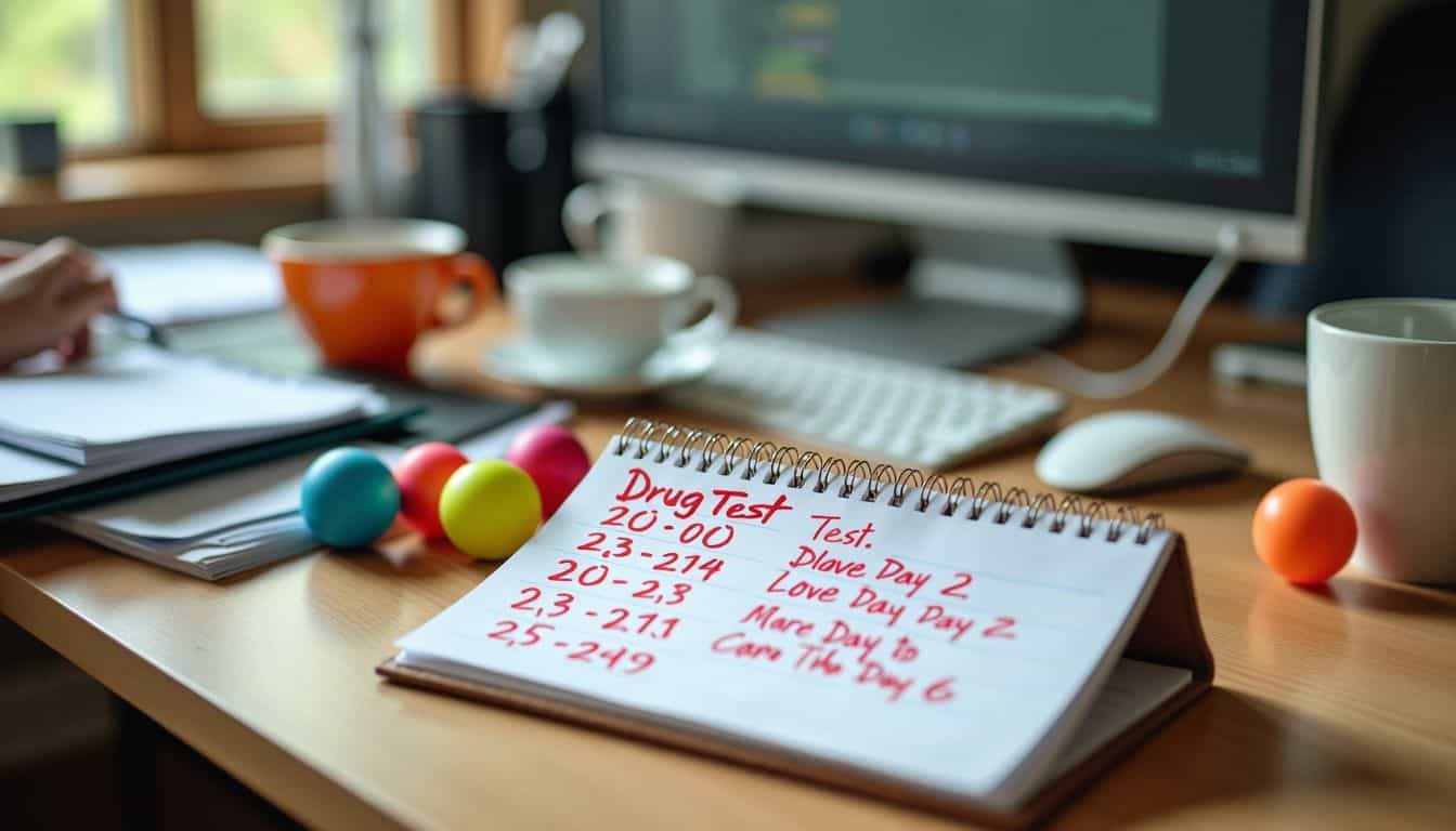 A cluttered office desk with a calendar and stress balls.