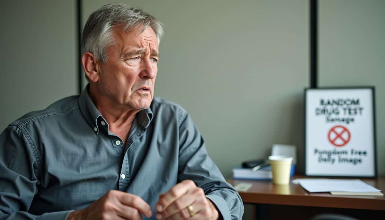 A man waits nervously for a random drug test in an office.