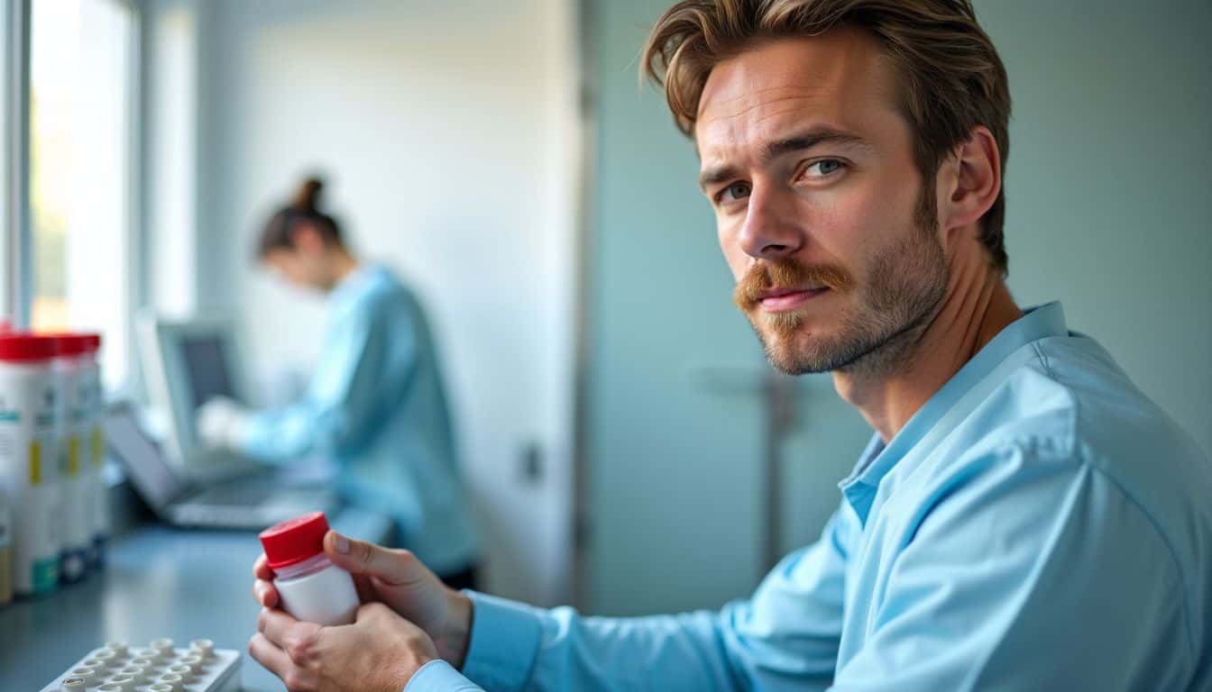 A man in a clinical lab collecting a urine sample.