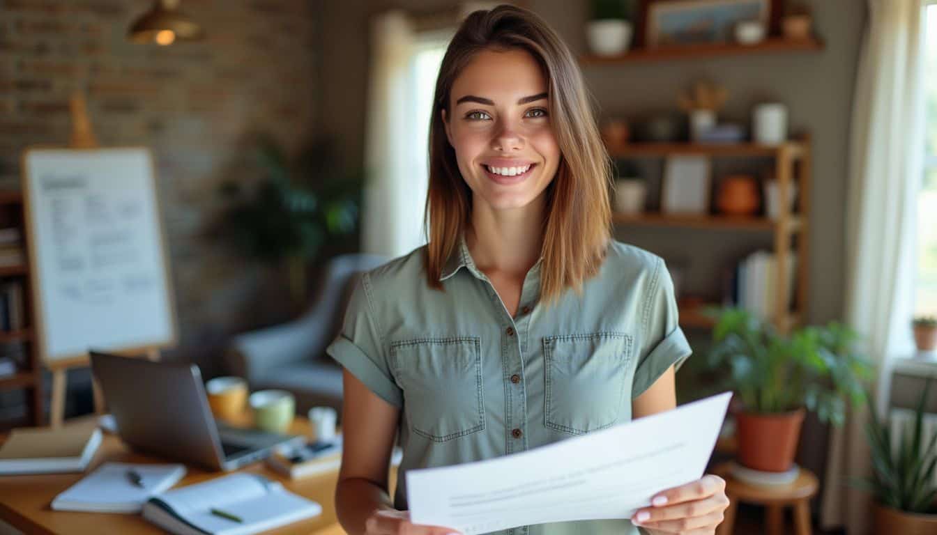 A confident young woman presents her business plan in a home office.