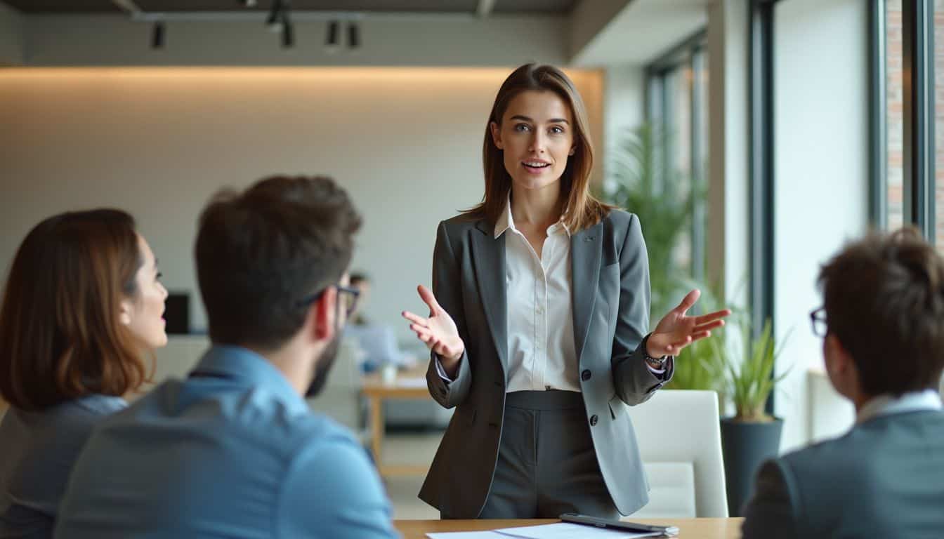 A young woman confidently leads a business presentation in a modern office.