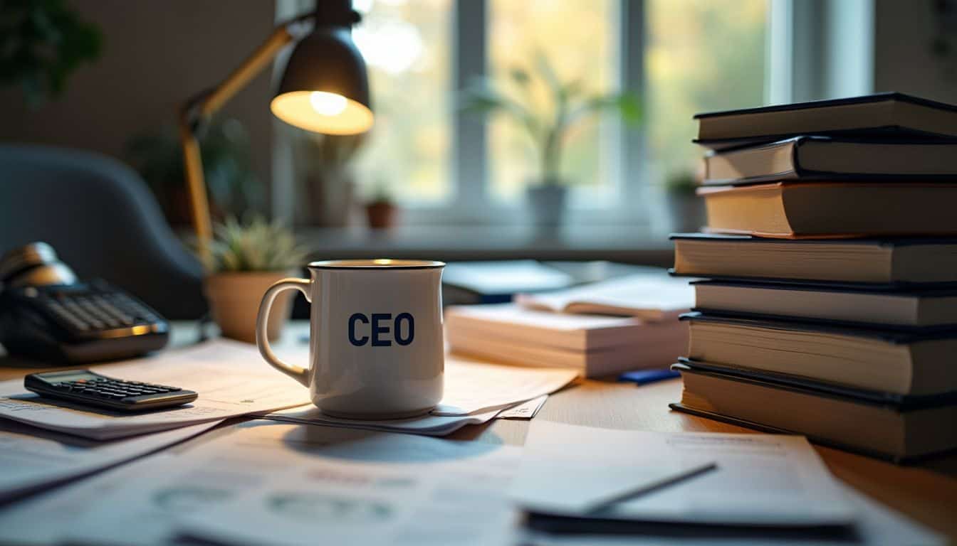 A cluttered desk in a softly lit office with business-related items.