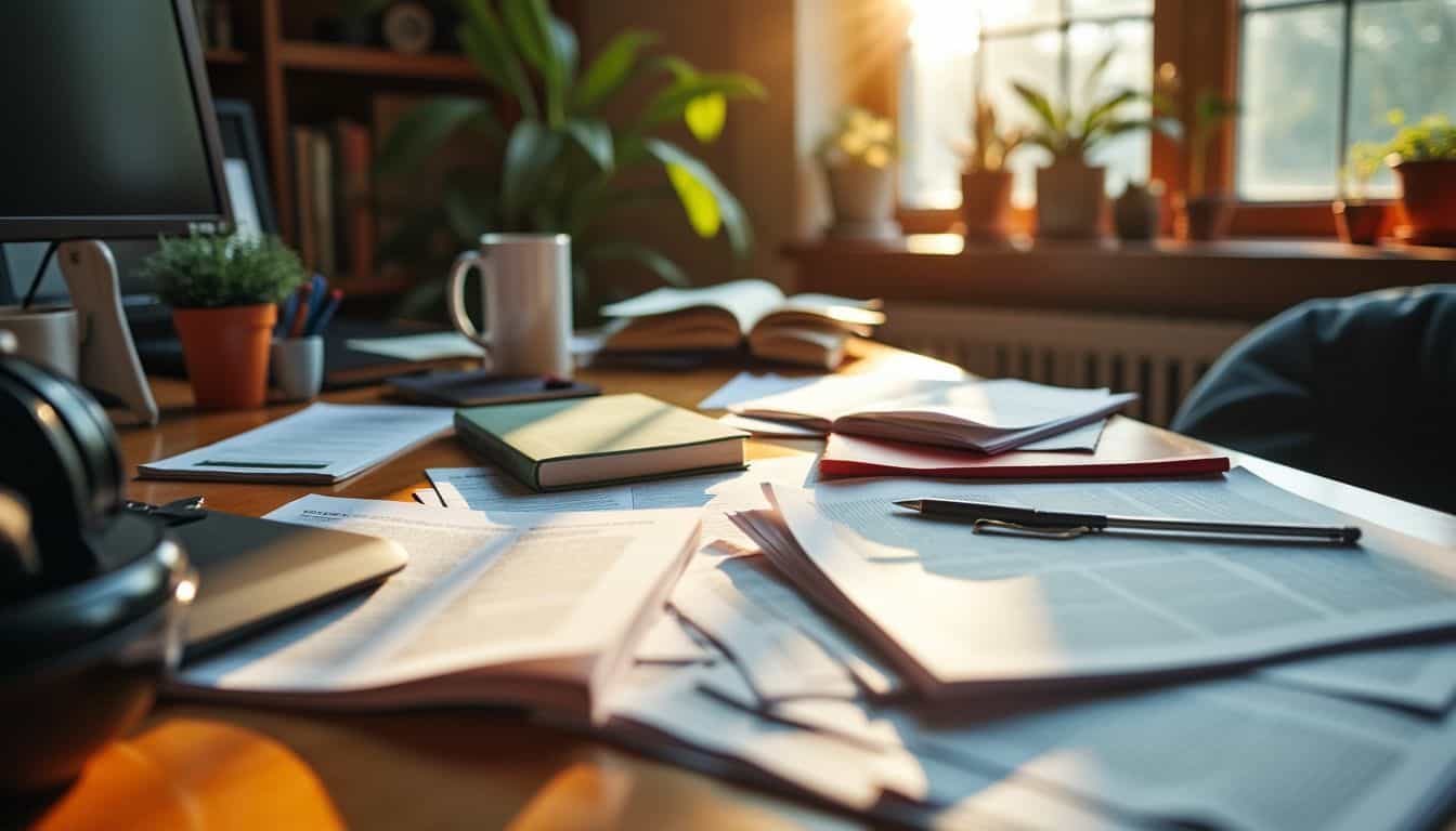 A cluttered home office desk with college brochures and business books.