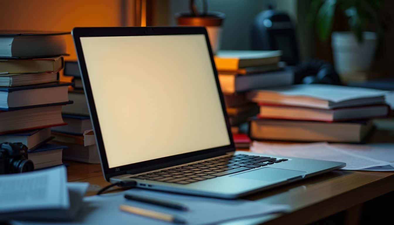 An open laptop on a cluttered desk with computer science books.