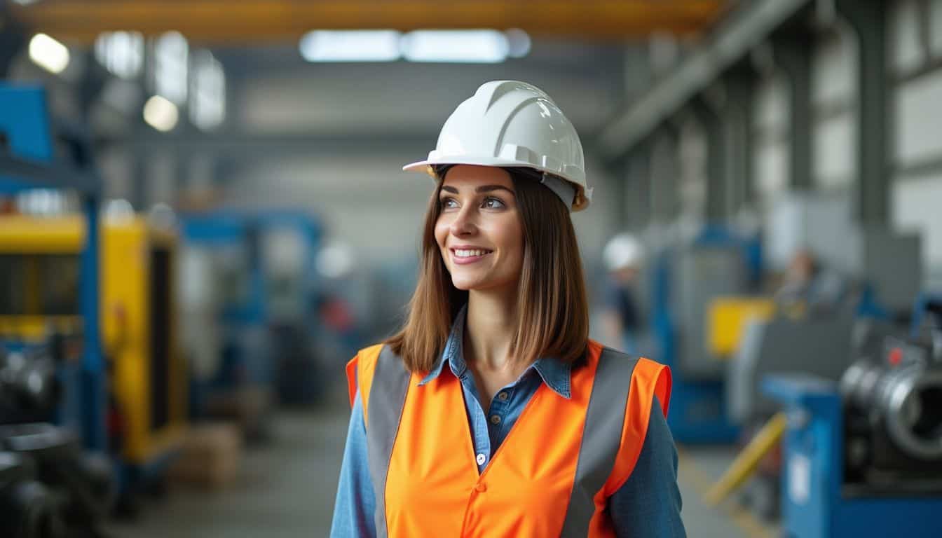 A woman in a hard hat and safety vest stands in a manufacturing plant, observing machinery.