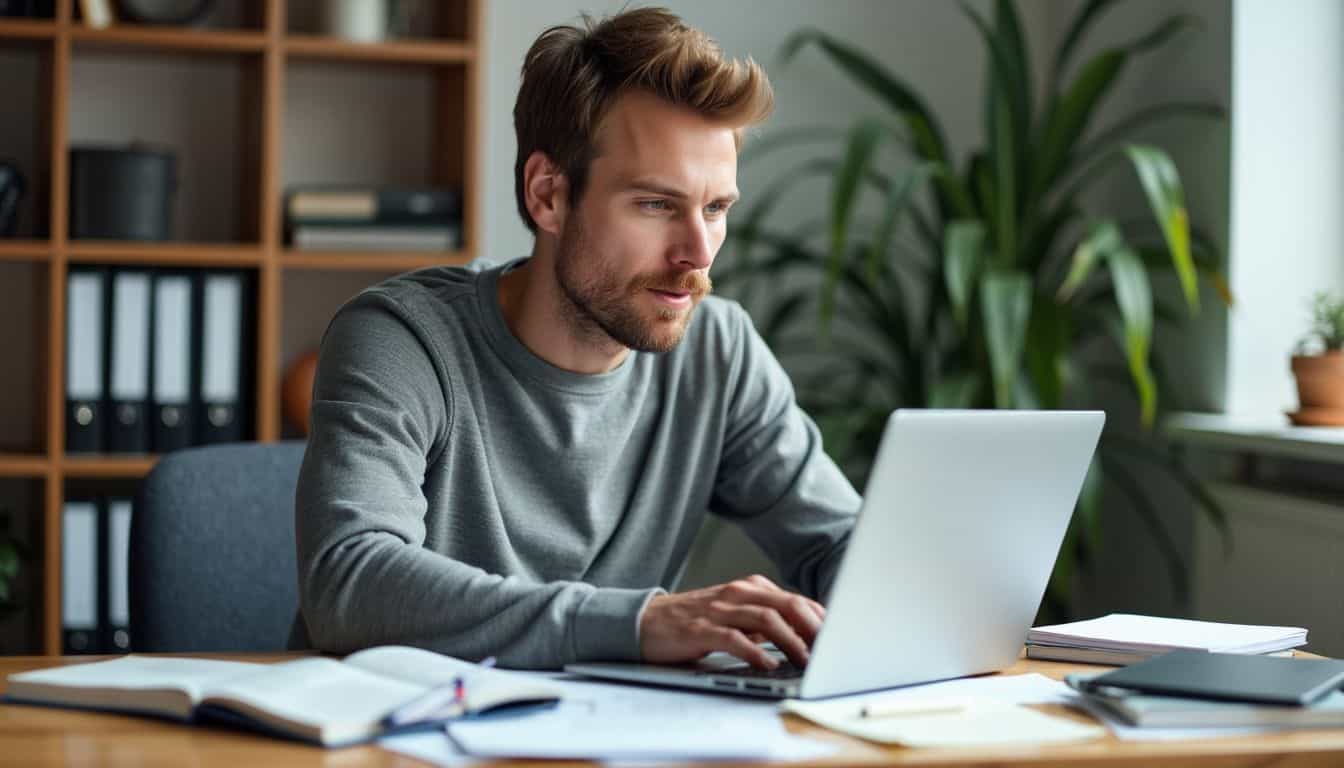 A focused male entrepreneur works on his laptop in a modern office.