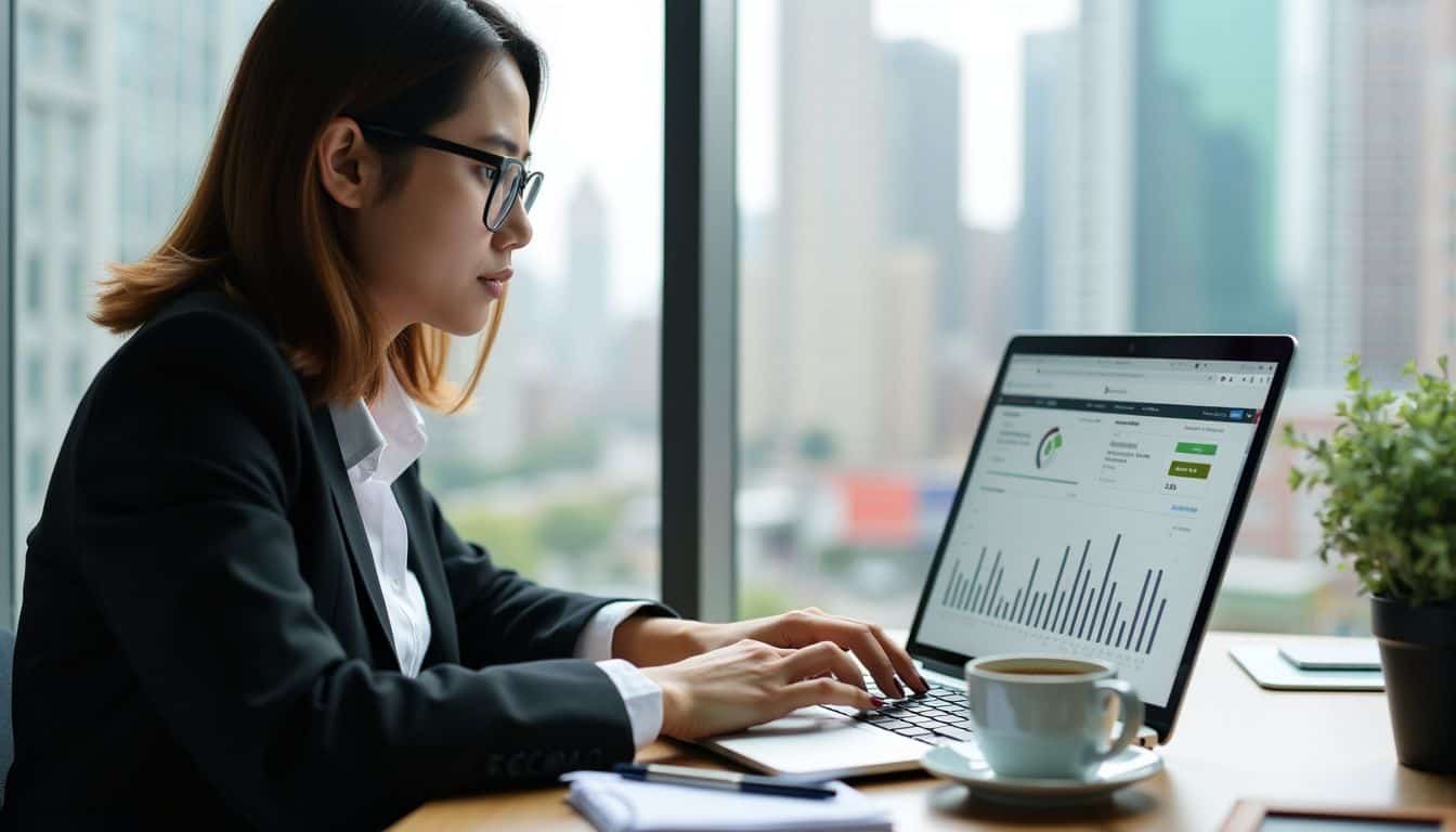 A young woman in business attire working on financial analysis.