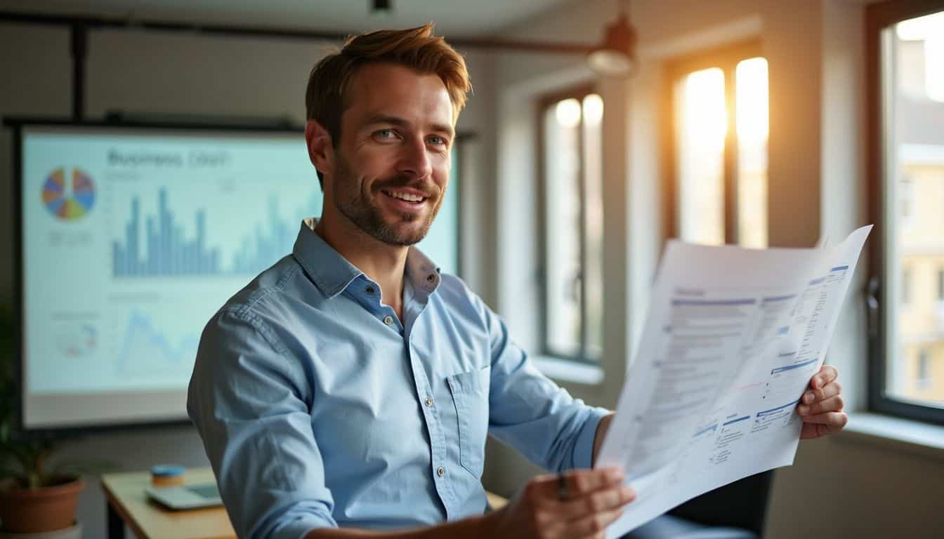 A mid-30s male entrepreneur confidently presents a business plan in an office.