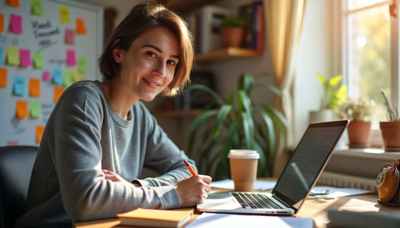 A small business owner brainstorming in cozy home office with colorful notes.