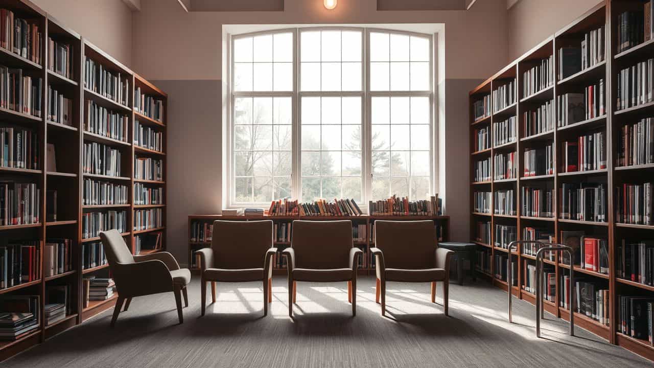 A cozy reading room in the library with comfortable chairs and books.