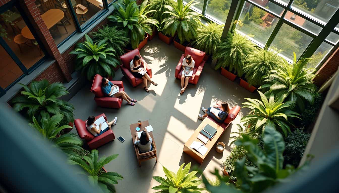 An inviting rooftop garden with study nooks and books.