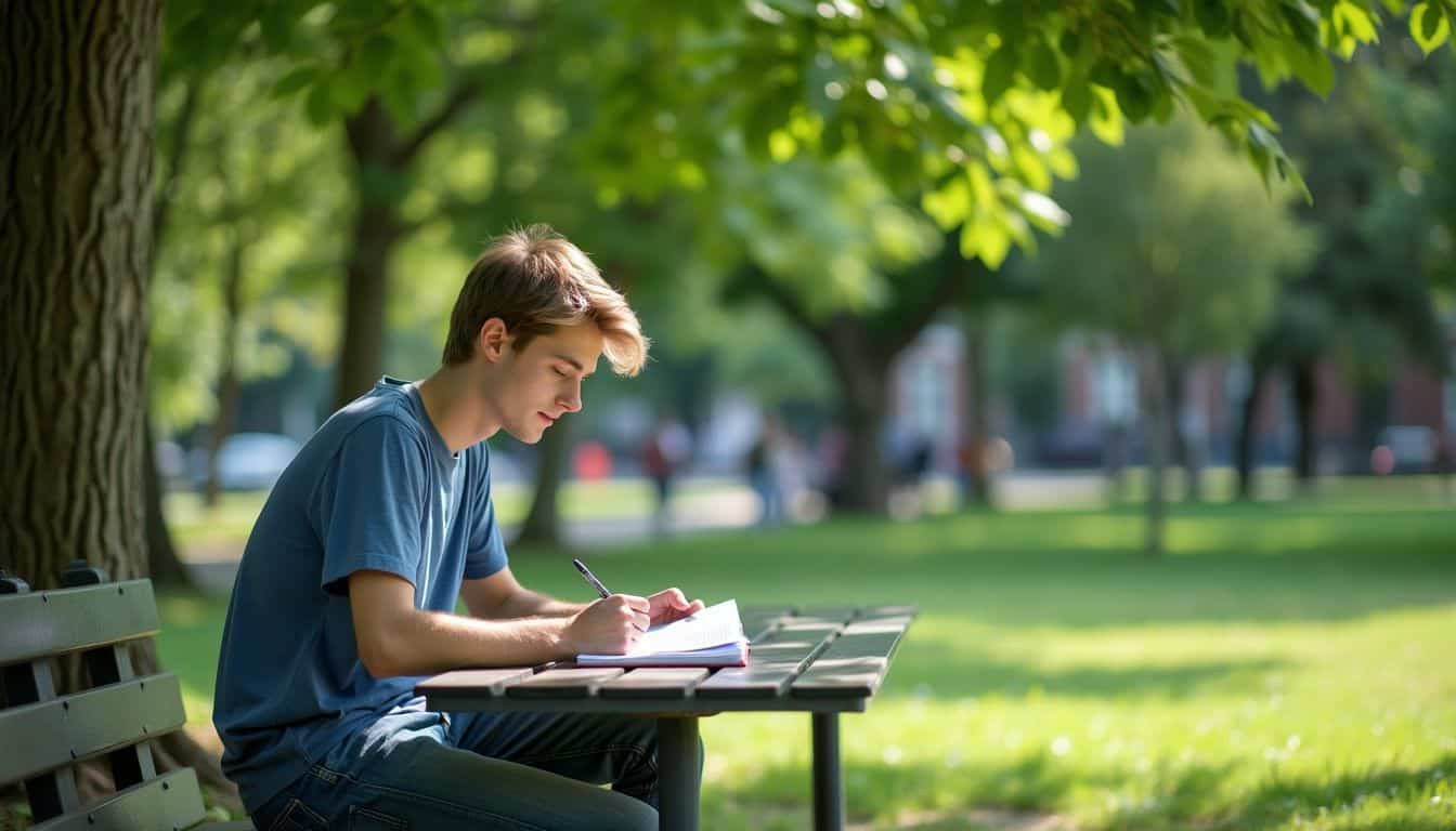 A college student studies under a peaceful tree in a park.