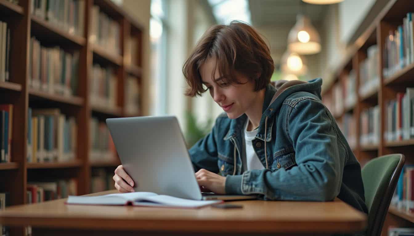 A college student is studying in a library surrounded by books.