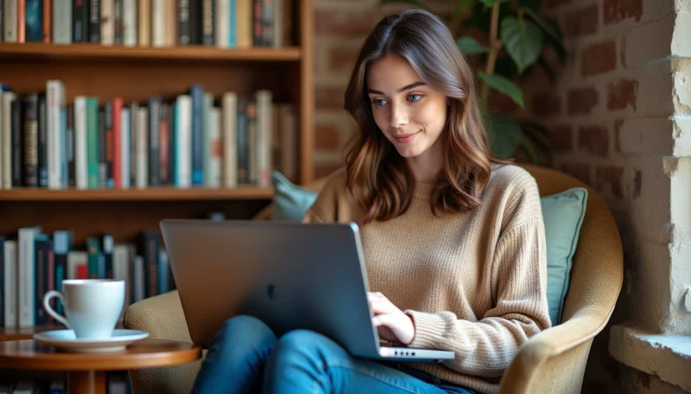 A young woman studying in a cozy bookstore surrounded by books.