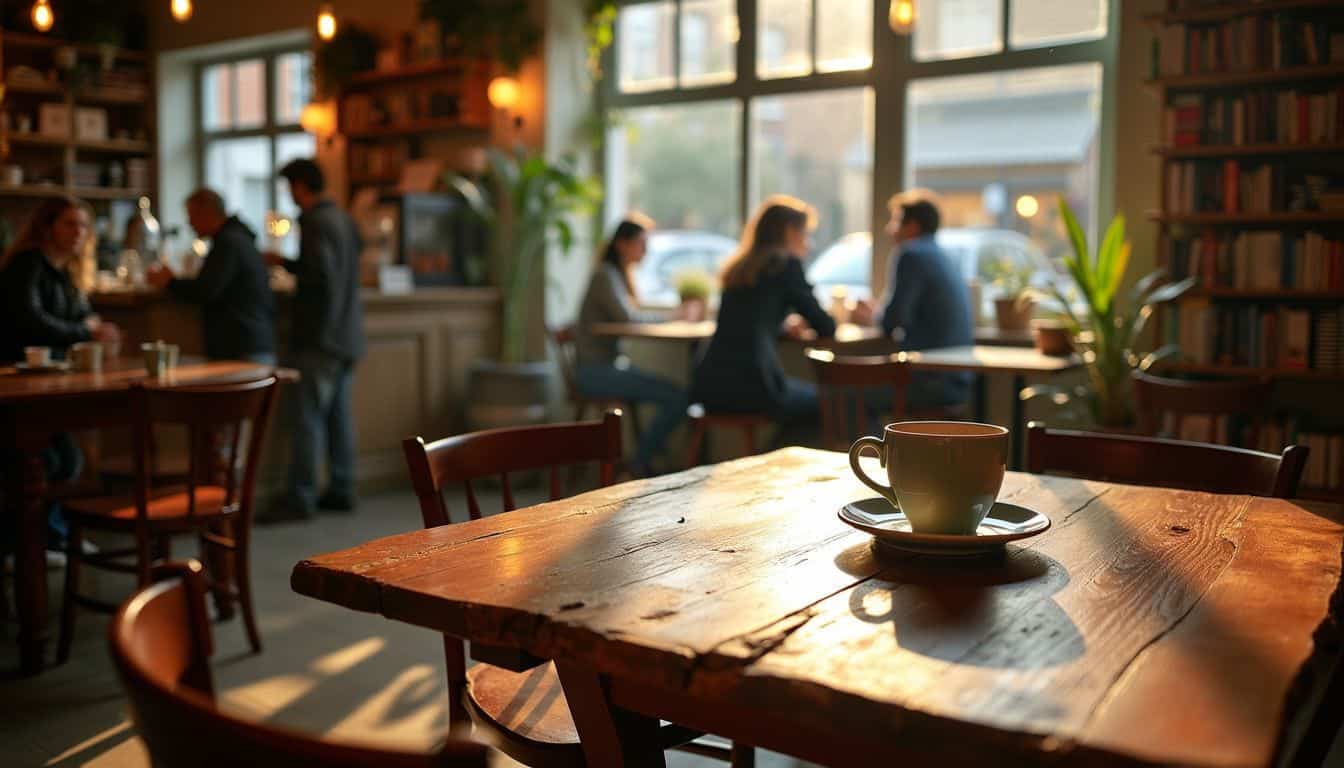 A cozy coffee shop with books, a warm mug, and chatter.