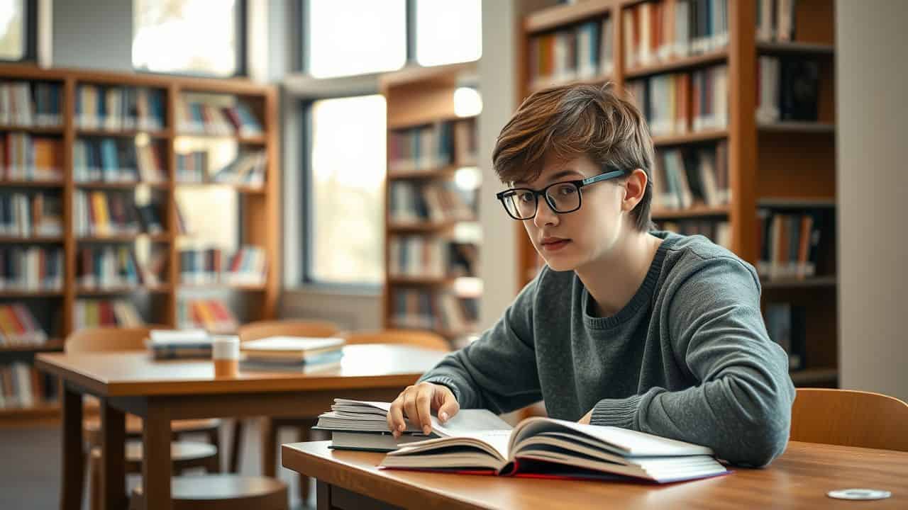 A young adult student is studying in a library.