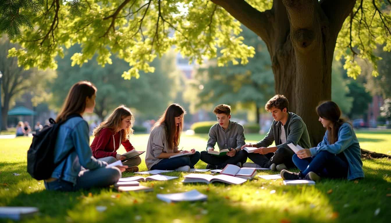 High school students studying under a shady tree in a park.