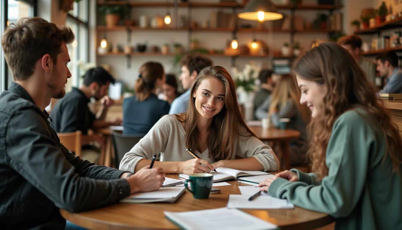 A bustling coffee shop filled with students studying and collaborating.