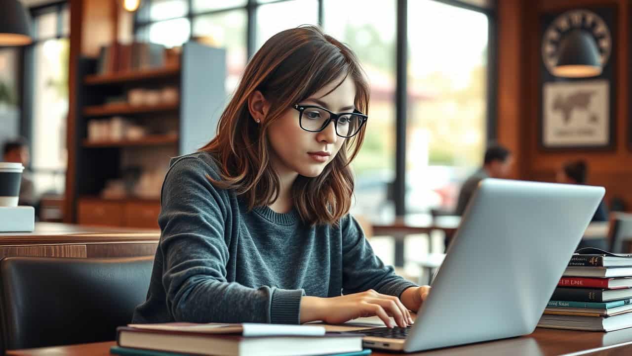 A female college student studies at a cozy coffee shop.