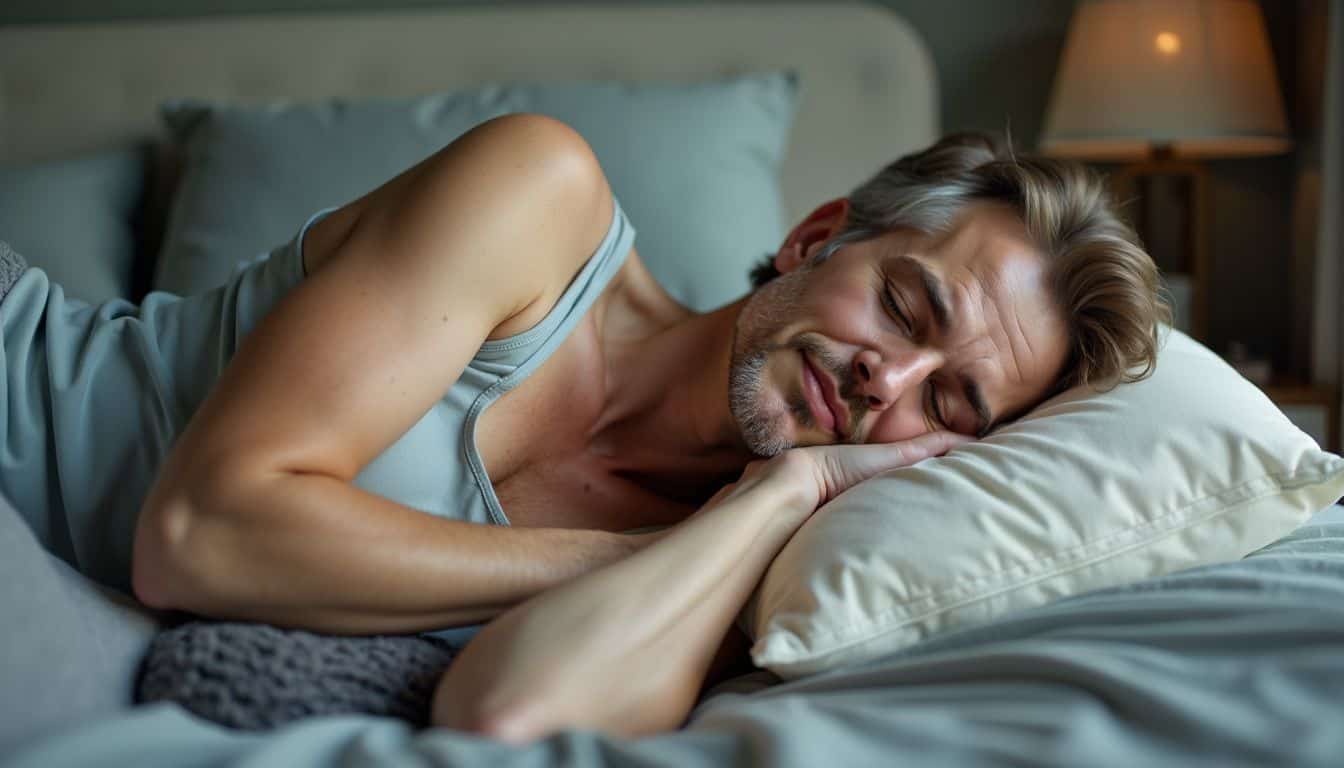 A middle-aged person peacefully sleeping in a cozy bedroom.