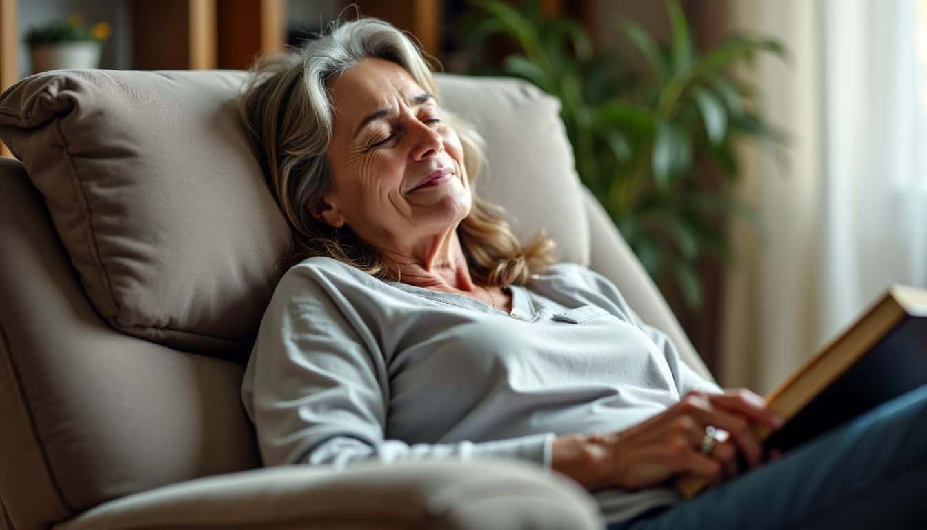 A woman peacefully sleeps in a reclined chair with a book.