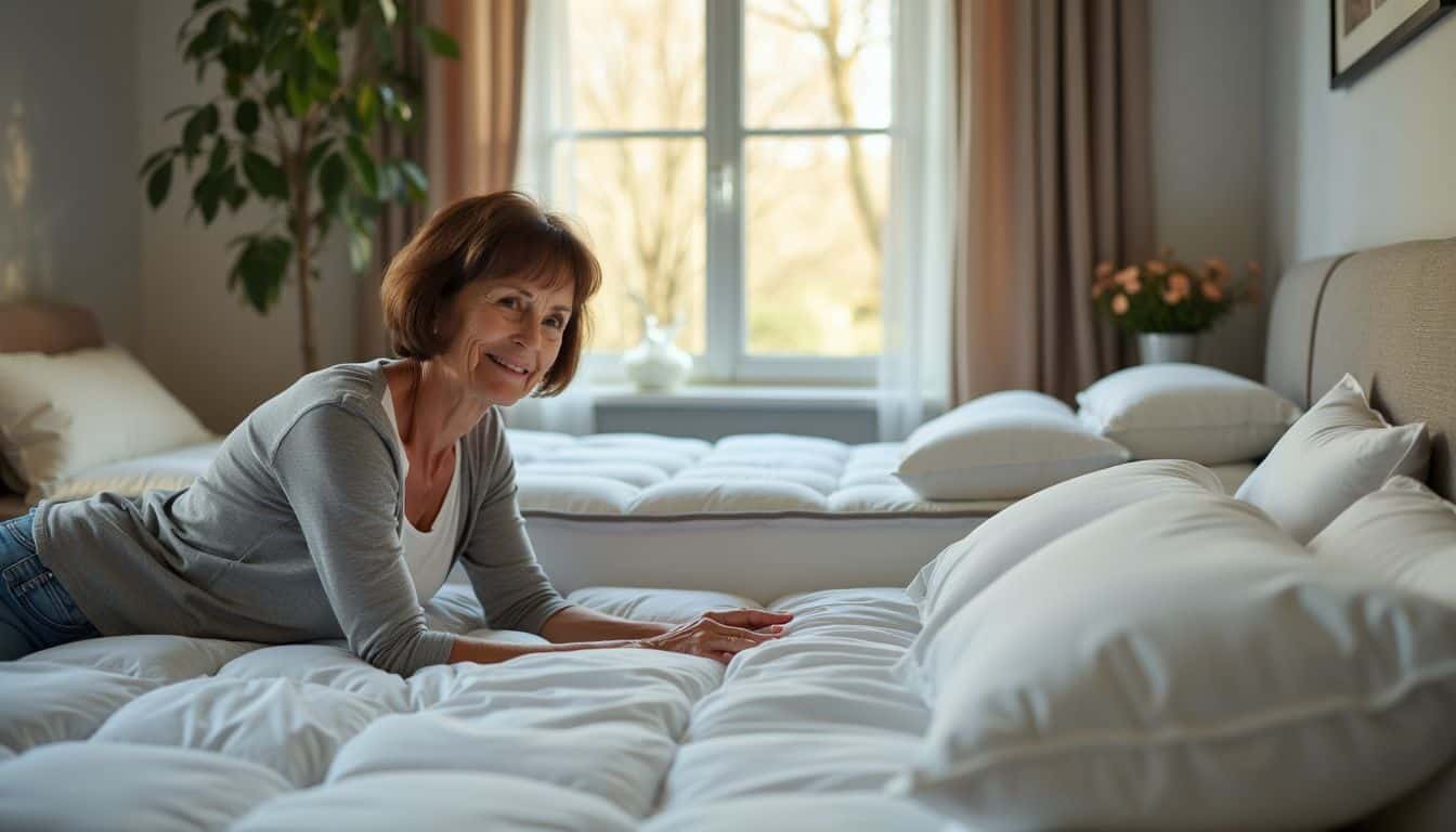 A woman tries out mattresses and pillows for back support.