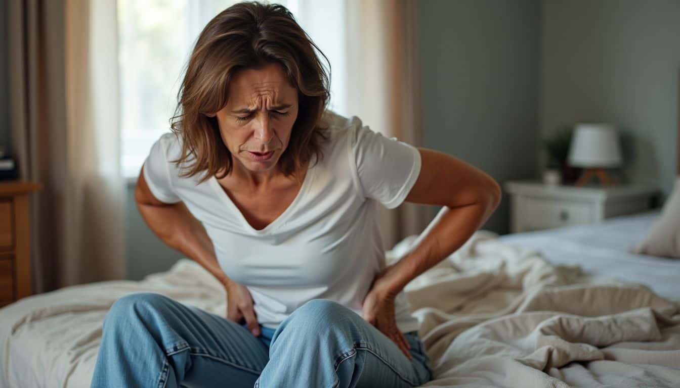 A mid-40s woman struggles with lower back pain while trying to get up from the bed.