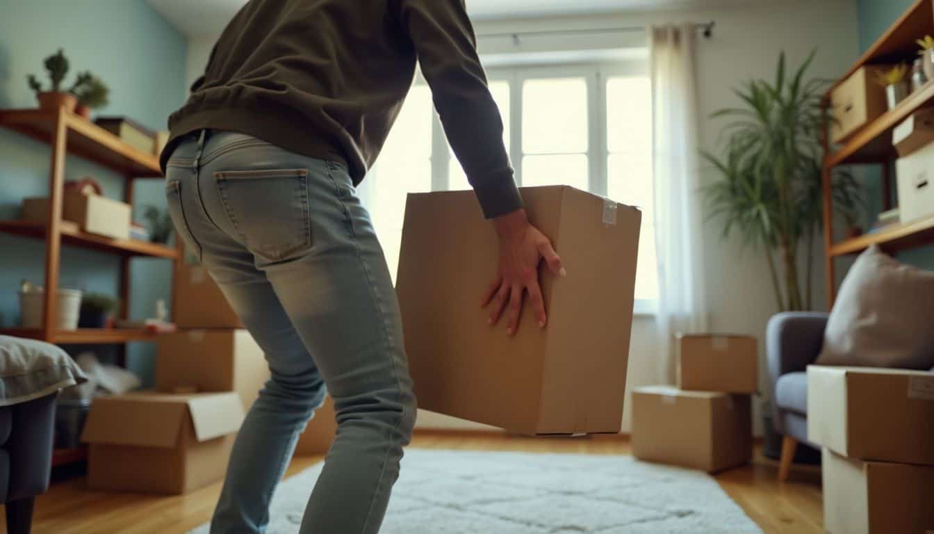 A person struggles to lift a heavy box in a cluttered room.