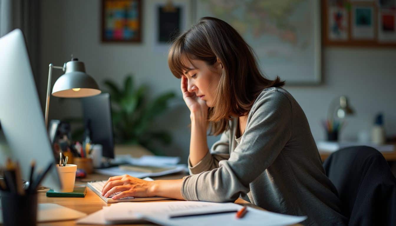 A woman in her mid-30s is working at a cluttered desk.