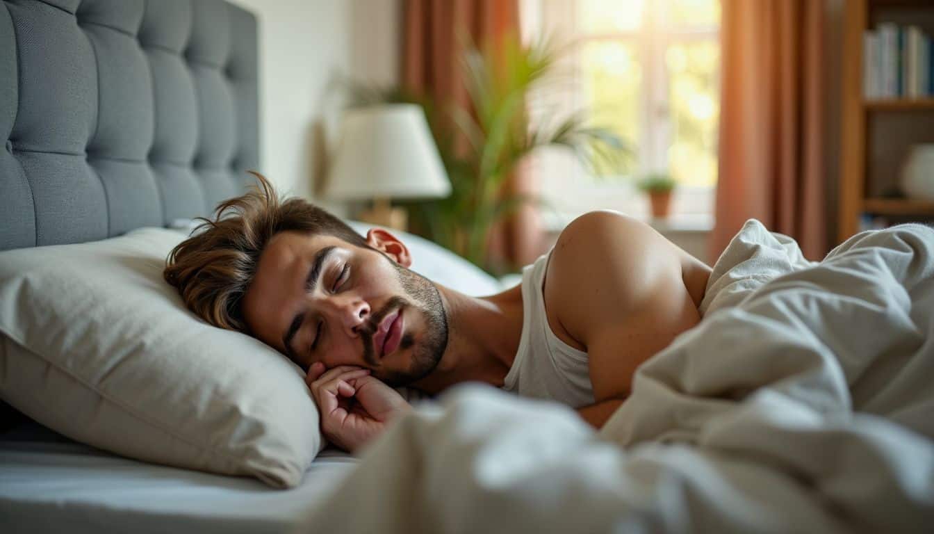 A man sleeps peacefully in a cozy bedroom with soft lighting.