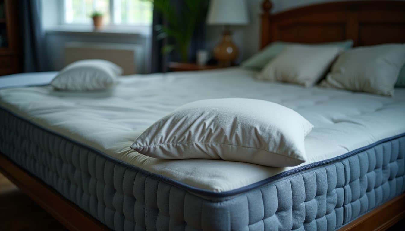 The image shows an uncomfortable mattress and pillow in a dimly lit bedroom.