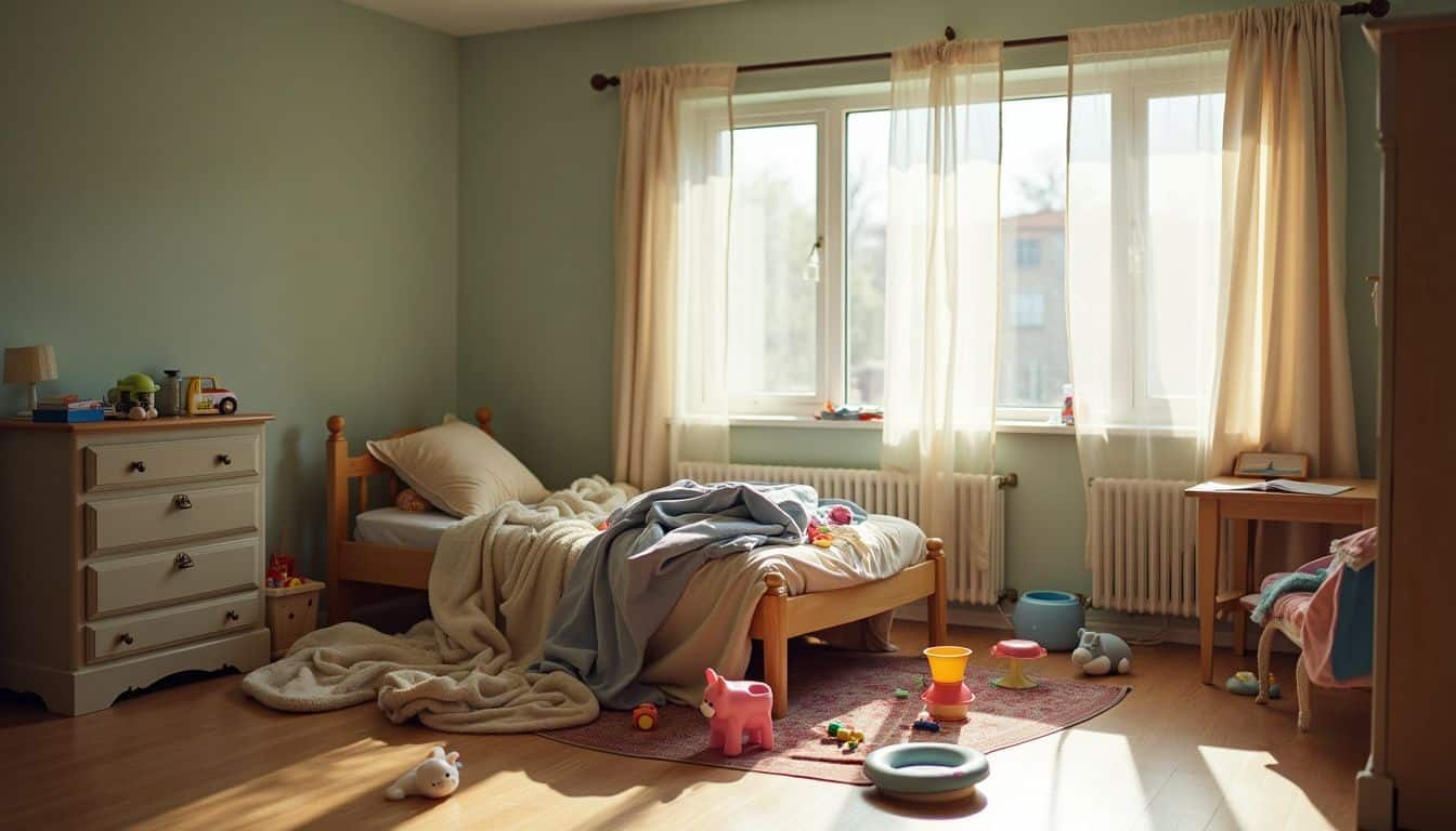 A messy child's playroom with toys and a disheveled bed.