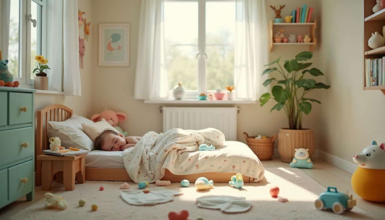 A cozy child's bedroom with a single bed, baby toys and decorations.