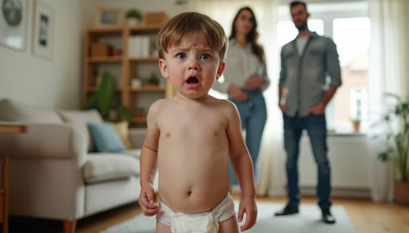 An 8-year-old child stands uncomfortably in an oversized diaper.