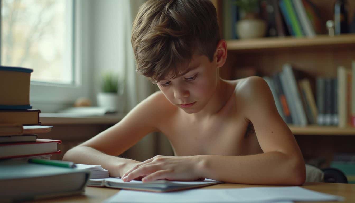 A teenage boy sits at a cluttered desk wearing a diaper.