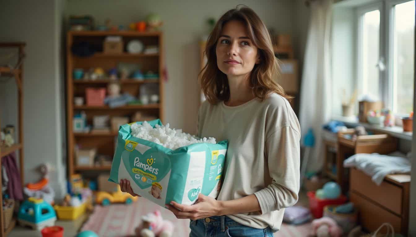 A parent holds diapers in a cluttered room, looking thoughtful.