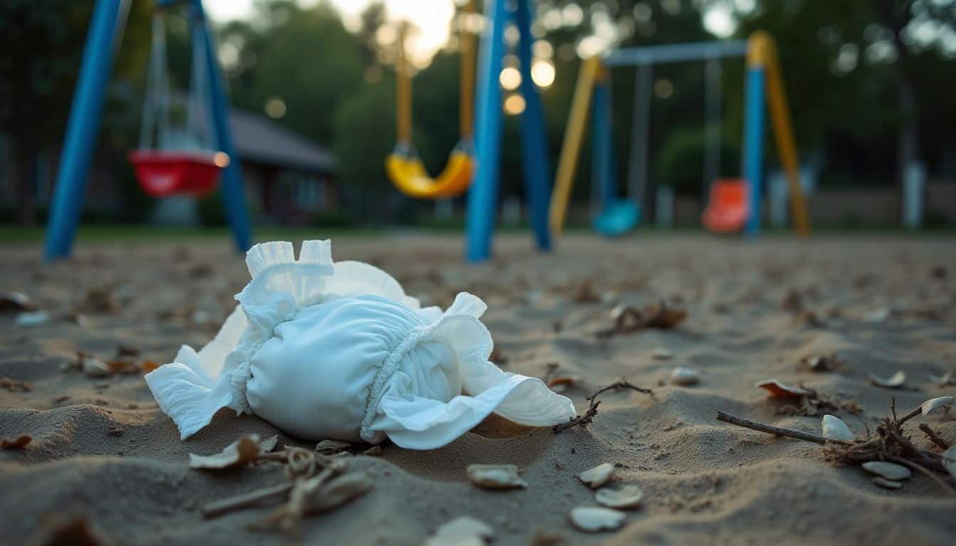 Abandoned torn diaper on playground, deserted and neglected.