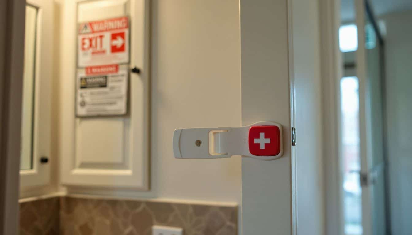 A child safety lock on a medicine cabinet in a residential bathroom.