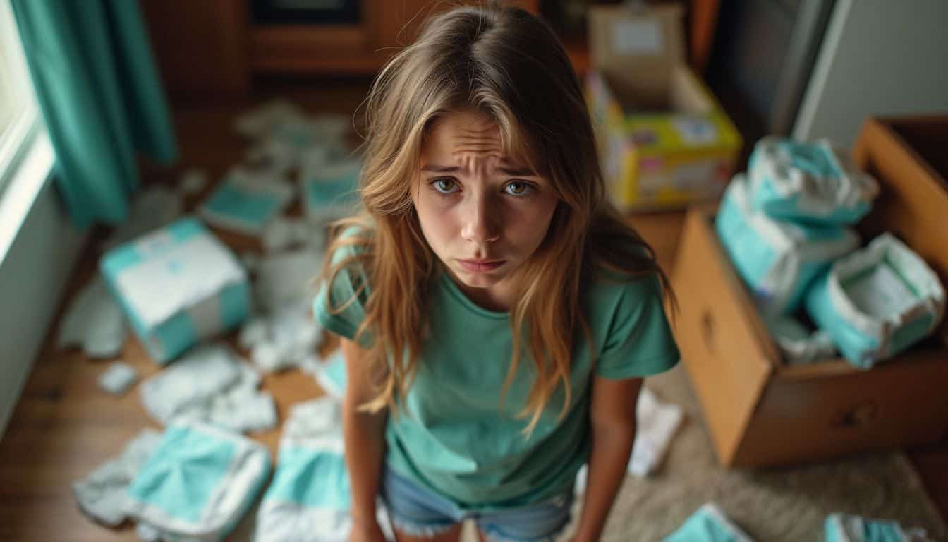 A distressed teenage girl stands in a cluttered room with scattered diapers.