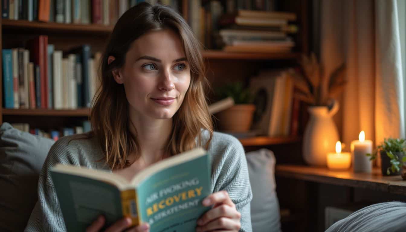 A woman reads a book about recovery and support in a cozy room.