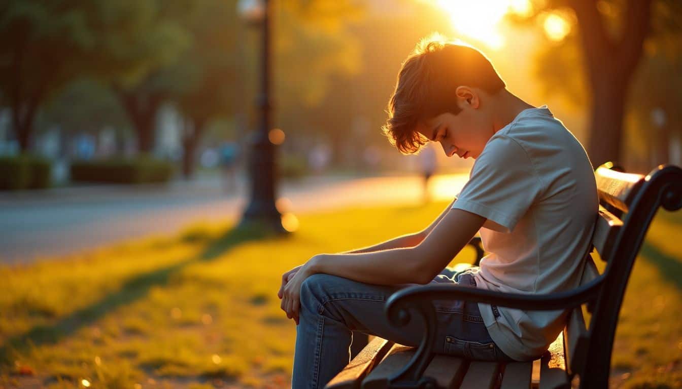 A teenage boy sits alone on a park bench feeling sad.