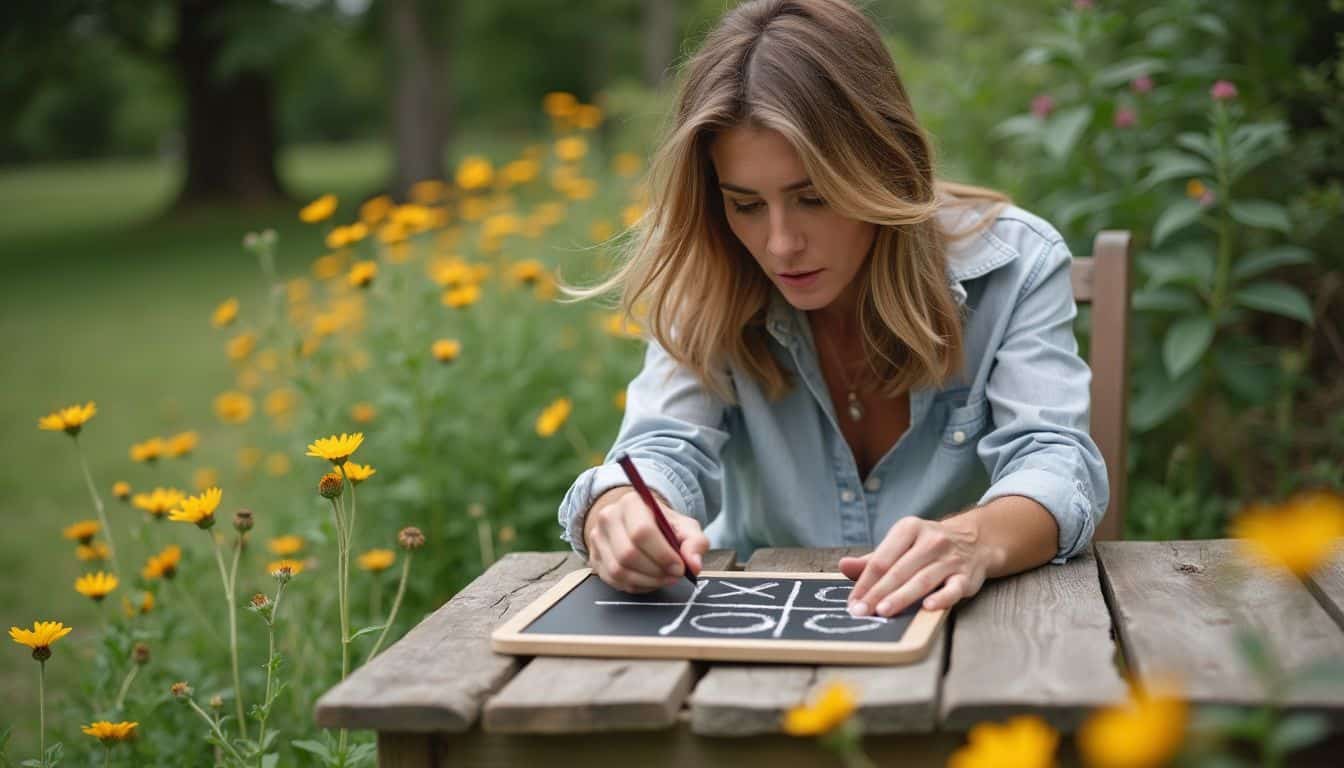 A woman in her 30s sits at a wooden table playing Tic-Tac-Toe.