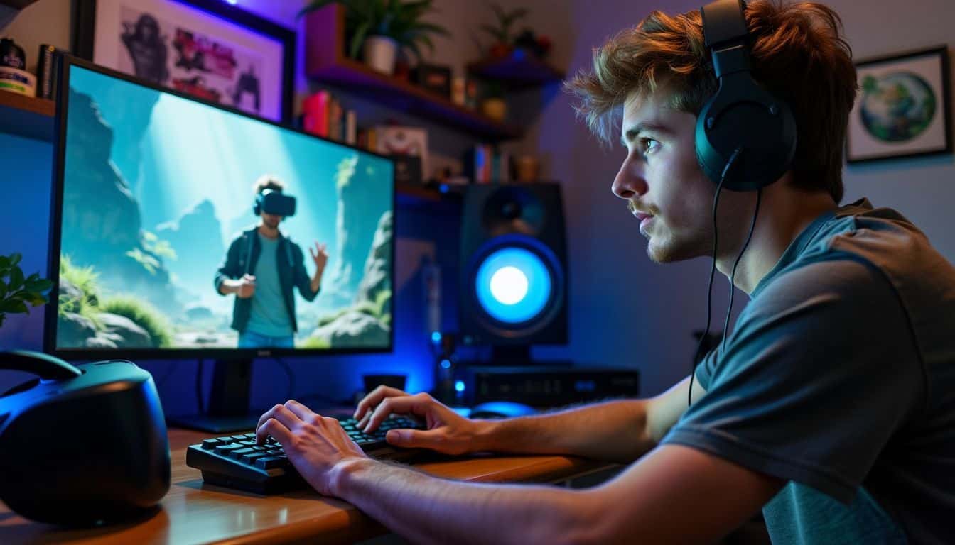 A young man is engrossed in an adventure game surrounded by gaming gear.