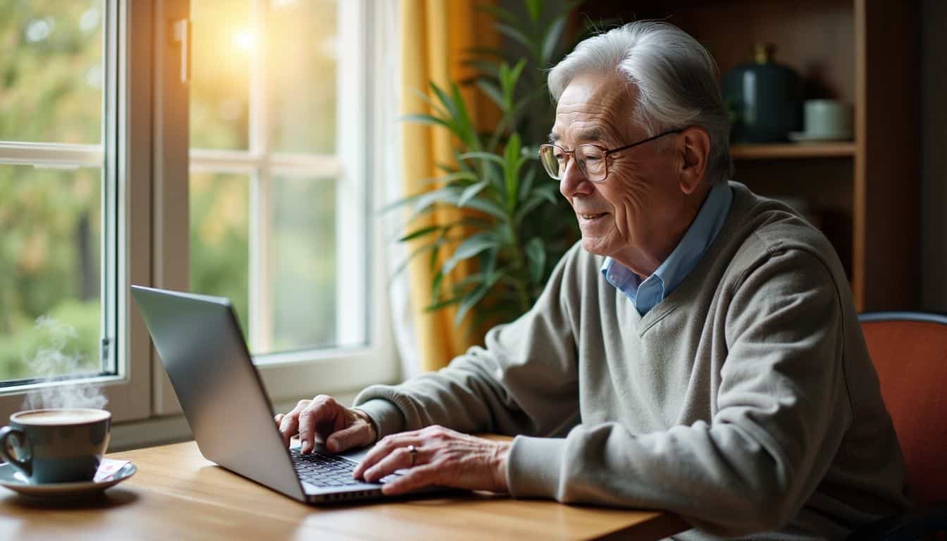 An older adult enjoys playing Solitaire on laptop with coffee.