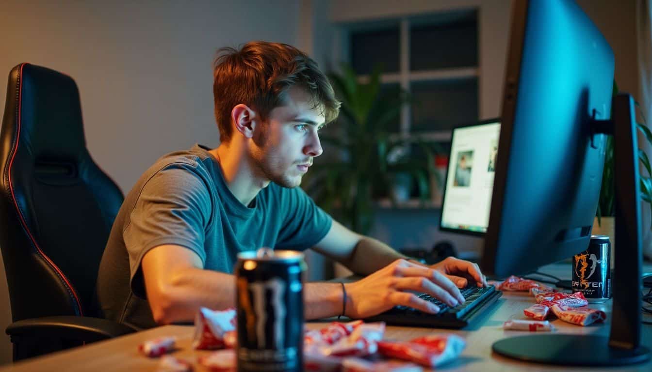 A young man in casual clothing gaming at a cluttered desk.