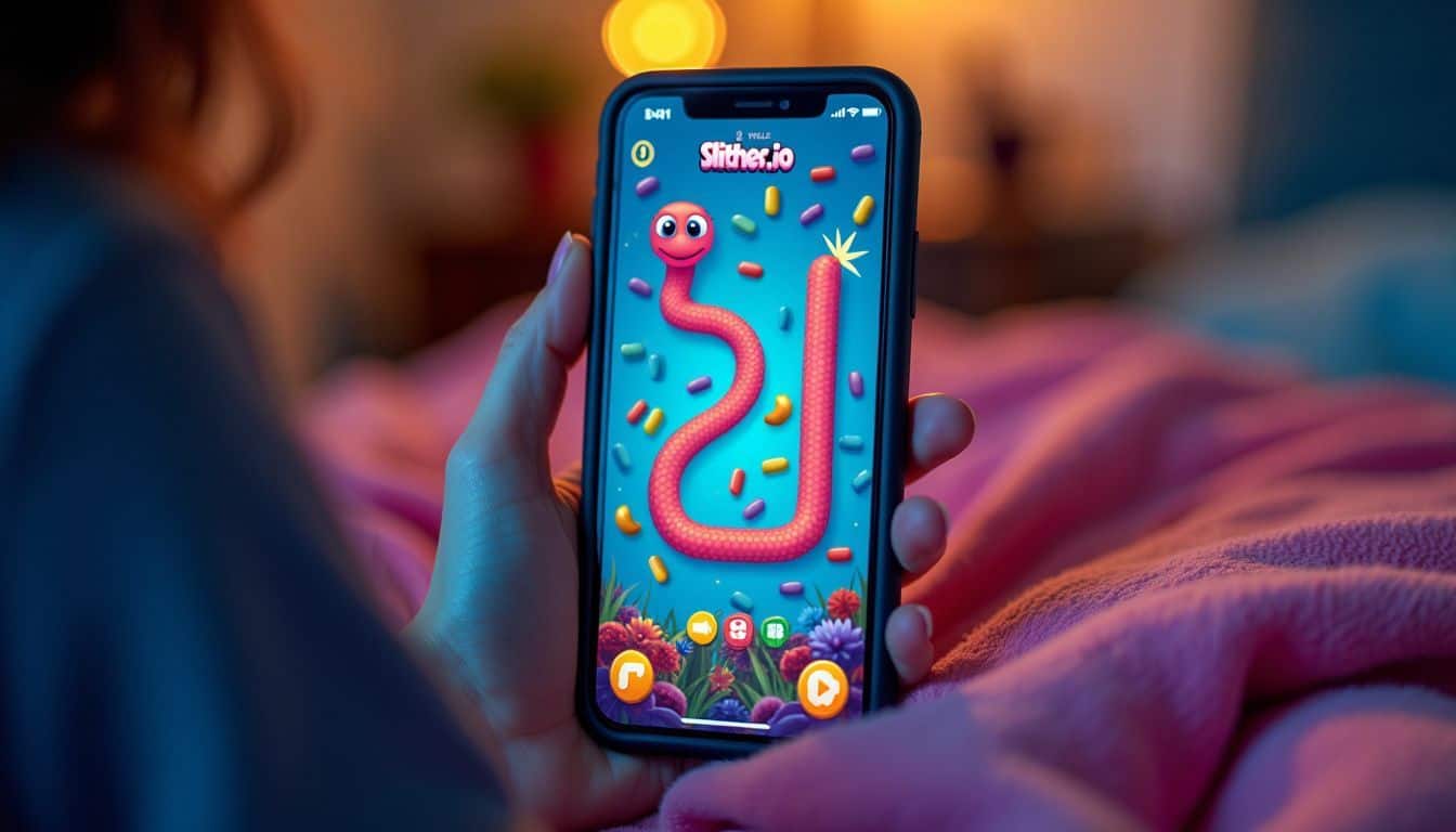 A mobile phone displaying the Slither.io game interface with a snake.