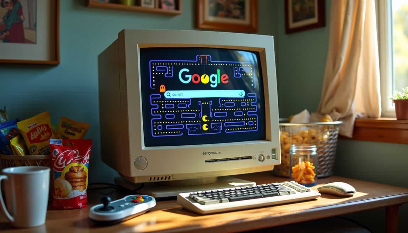 An old computer monitor displaying a pixelated PAC-MAN Doodle game in a retro-inspired room.