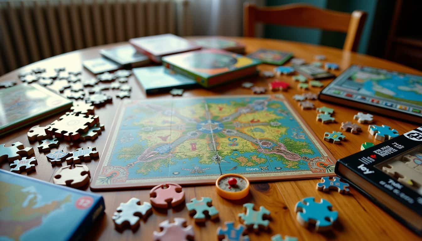 A cluttered wooden table with board games and jigsaw puzzles.