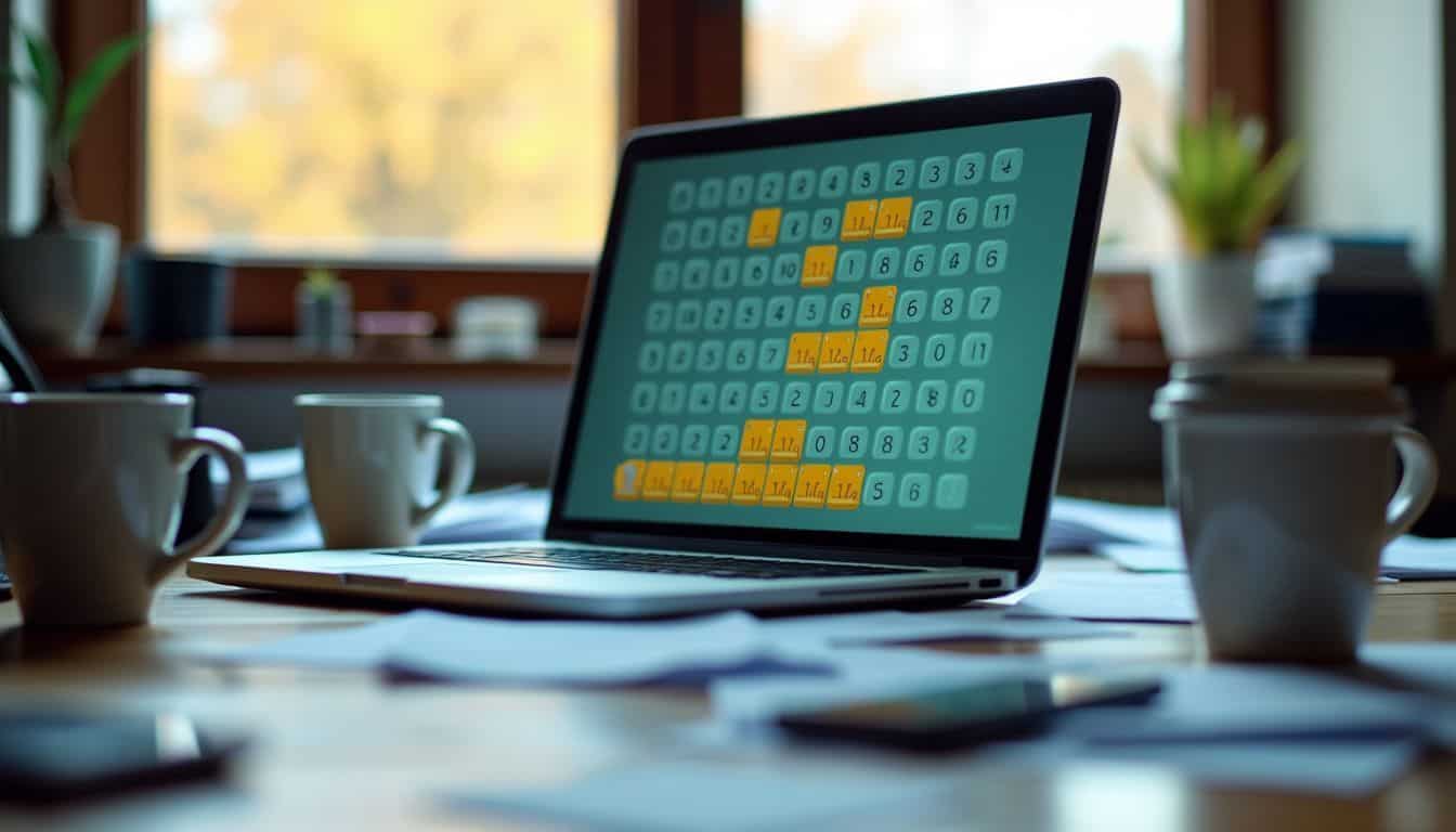 A cluttered office desk with an open laptop and coffee cups.